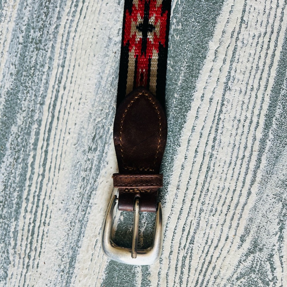 Bison Brown Leather Belt with webbing in Red Pattern